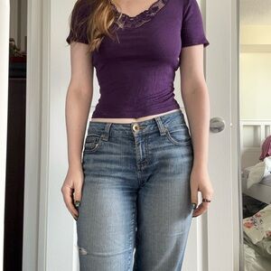Women's Purple Lace-Trim Short Sleeve Tee - Drapey V-Neck